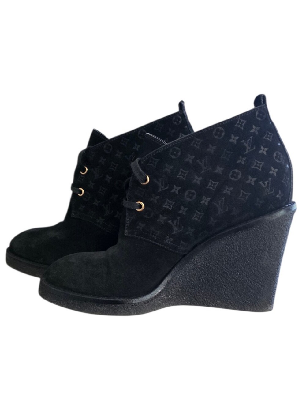 Louis Vuitton Black Monogram Suede Wedge Ankle Booties EU 37.5 / US 7.5